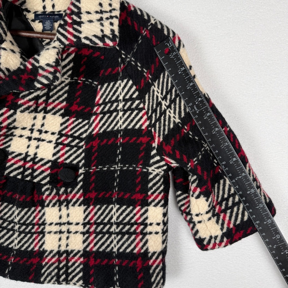 Tommy Hilfiger Little Girls Large Red Black Plaid Wool Cropped Pea Coat Jacket - Picture 7 of 9